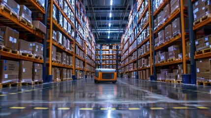 Fototapeta premium Automated Guided Vehicle in a Warehouse with Pallets and Shelving