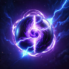 A 3D rendering of a dark sphere emitting vibrant electric blue and purple energy, with a swirling vortex in its center. The sphere is surrounded by a halo of glowing light, set against a dark, starry
