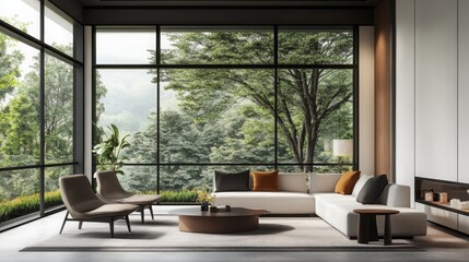 Modern Living Room with Large Window and Forest View