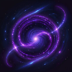 Fototapeta premium A vibrant purple spiral galaxy with glowing streaks of light and scattered stars in a dark space background.