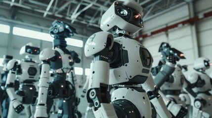 Fototapeta premium A group of humanoid robots standing in a warehouse