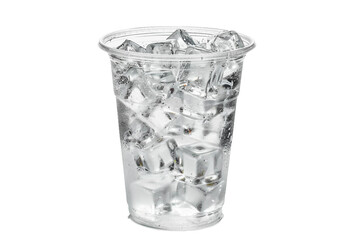 Clear plastic cup filled with ice cubes isolated on transparent background