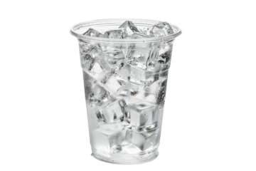 Clear plastic cup filled with ice cubes isolated on transparent background