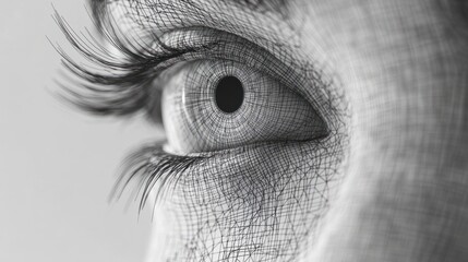 Fototapeta premium Closeup of a human eye rendered in a digital wireframe mesh, a modern illustration of the concept of digital reality, AI, or artificial intelligence.