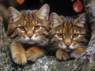 Two adorable cats with striking stripes relax on a tree branch, surrounded by vibrant leaves, showcasing their playful and curious nature.