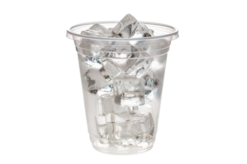 Cold transparent plastic cup with refreshing ice isolated on transparent background