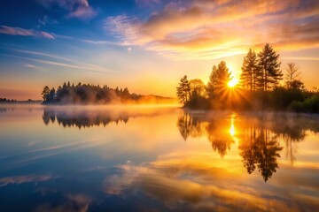 Obraz premium Serene Sunrise Over Foggy Lake - Tranquil Morning Landscape Photography