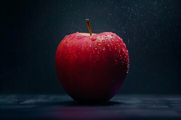 Red apple with water droplets on dark background