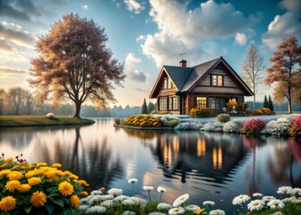 Obraz premium Serene Village Landscape with House, Lake, and Flowers in Bokeh Effect - Family and Nature Illustration