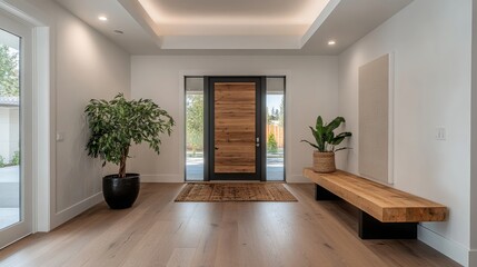 Fototapeta premium Modern Front Entryway with Wooden Door and Bench