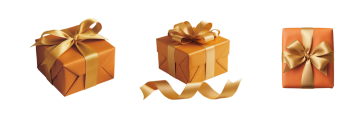 Orange gift box with golden ribbon. Collection of classic luxury gift boxes with elegant ribbons. Set of gift preset boxes with ribbon of various styles. Perfect for any celebration occasion project.