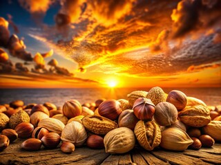 Fototapeta premium Silhouette Photography of Nuts and Shells Against a Dramatic Sunset Background