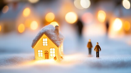 Miniature house in a snowy scene with glowing windows and figure