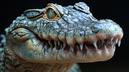 Obraz premium Close-up portrait of a crocodile's head with sharp teeth and bright green eyes.