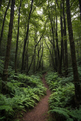 Fototapeta premium Vertical view of a narrow path through a dense forest