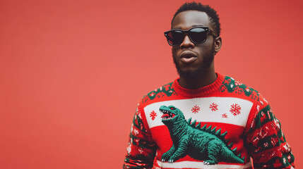Obraz premium Xmas vibes - waiting for Santa! Young black man wearing ugly Christmas sweater, smiling at the camera