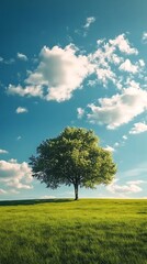 Fototapeta premium Green meadow thrives beneath the clear, radiant blue sky above.