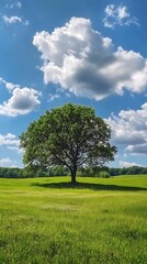 Fototapeta premium Tranquil green meadow lies under the expansive blue sky canvas.