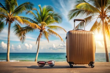 Obraz premium Tropical vacation vibes with sunglasses on a suitcase