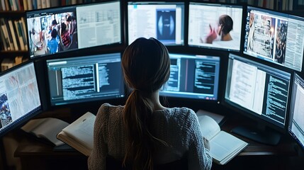 Woman studying with digital textbooks, multiple screens in use