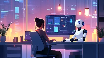Woman working with an AI robot assistant in a high-tech office