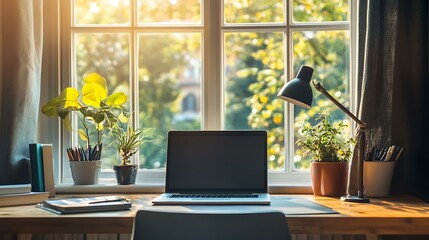 Fototapeta premium A professional setup for remote work, including ergonomic chair, laptop, and natural lighting