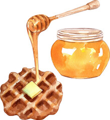 Hand-drawn watercolor illustration of butter and honey waffles.