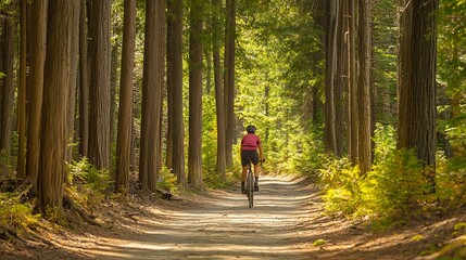 Obraz premium Cyclist riding through a forest trail, surrounded by tall trees