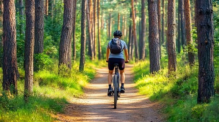 Cyclist riding through a forest trail, surrounded by tall trees