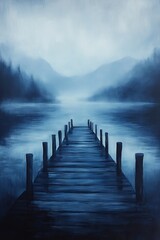 Wooden dock leading into a misty lake.