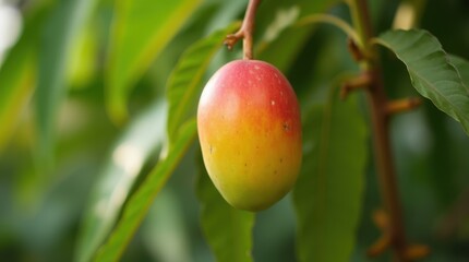 Obraz premium A close-up shows a single mango hanging from a tree branch, set against a backdrop of lush tropical greenery.