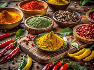 Fototapeta premium Spices on Cutting Board: Vibrant Peppers, Turmeric, Curry, Sea Salt, and Bay Leaves in Low Light Photography