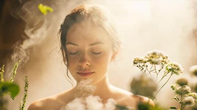 Woman in a sauna filled with herbal steam, inhaling the therapeutic vapor of herbs as they cleanse and rejuvenate her skin and body
