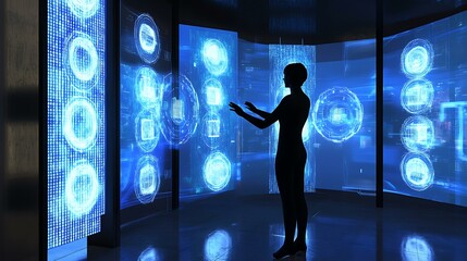 Mixed reality setup with a person interacting with holographic screens