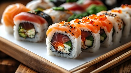 Appetizing Assortment of Classic Japanese Sushi Rolls on Plain White Background