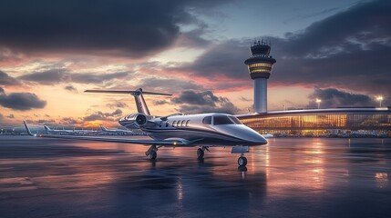 Fototapeta premium Private Jet Parked at Dawn, Illuminated by Airport Lights