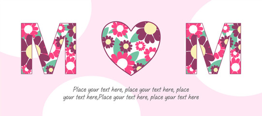 Fototapeta premium Happy Mothers Day, Womens Day and birthday card simple illustration with flowers, leaves, hand drawn floral art on pink background for horizontal posters, web banners, covers, and social media