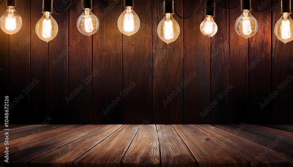 Poster dark wood background lit by retro light bulbs in empty space for display purposes only._1(158)