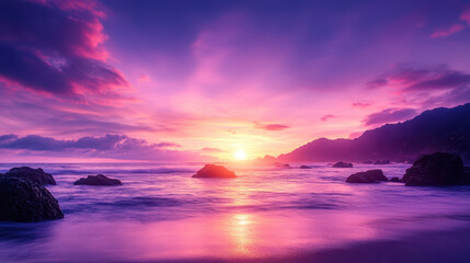 Fototapeta premium breathtaking sunset over ocean, with vibrant purple and pink hues illuminating sky and reflecting on water. rocky shoreline adds depth to this serene landscape