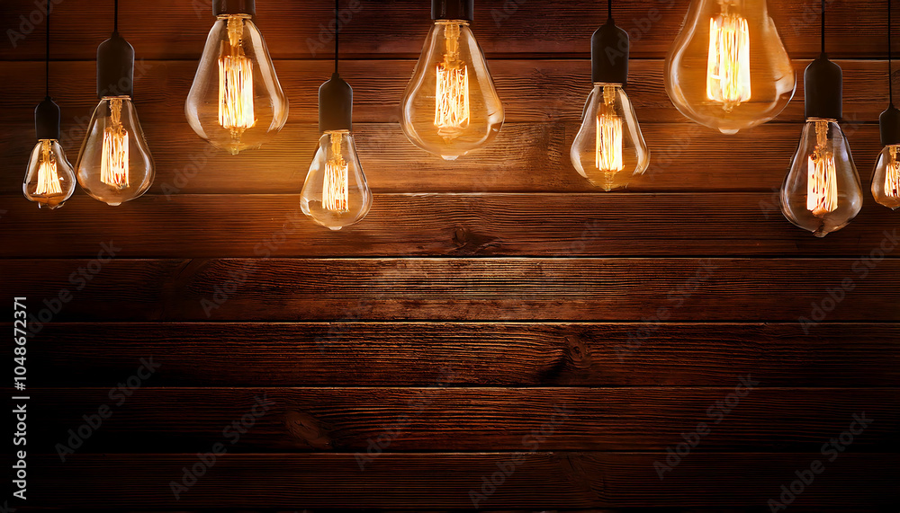 Poster dark wood background lit by retro light bulbs in empty space for display purposes only._1(157)