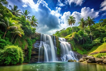 Naklejka premium Tropical waterfall with blue sky and white clouds