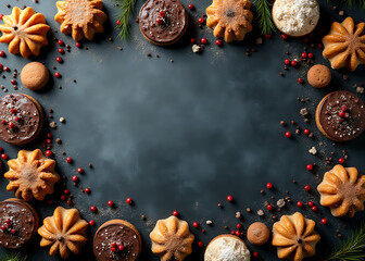 Dark stone background features festive holiday treats and baking supplies.