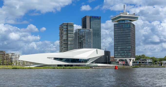 Amsterdam North, Eye Film Museum with skyscrapers and water. Amsterdam, the Netherlands. 15 June 2024. 