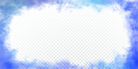 Blue realistic clouds around the horizontal 2 to 1 size rectangular frame with empty space for text or inscription. Vector sea or sky azure color haze isolated on transparent background.