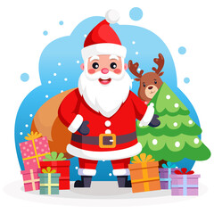 Cute Cartoon-Style Santa with Tree and Gifts