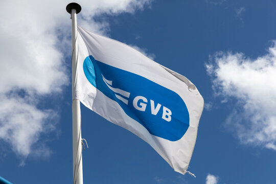 GVB flag logo on a ferry in amsterdam. GVB provides public transport in and around Amsterdam. Amsterdam, the Netherlands. 15 June 2024. 