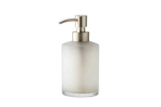 A luxurious glass soap dispenser with a frosted finish, complemented by a brushed nickel pump. This dispenser offers a chic look and is perfect for high-end bathrooms