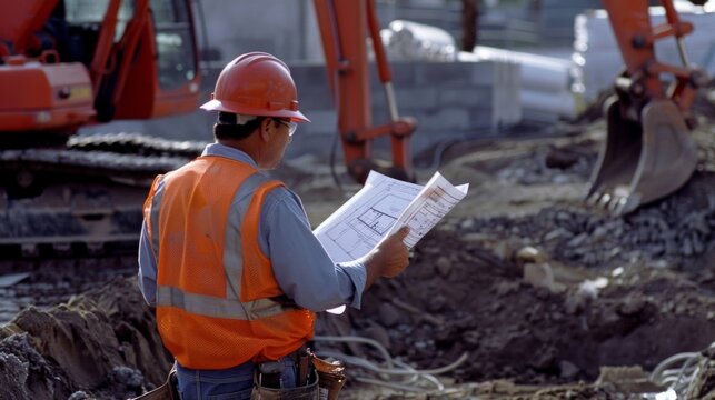 Amidst the sounds of heavy machinery a worker uses his blueprints to guide the placement of a foundation.