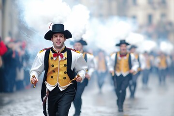 A Grand Celebration Featuring Steam-Powered Engines on a Cobblestone Street During a Vibrant Parade