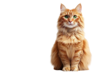 A fluffy ginger cat with bright green eyes sits upright, its ears perked up in curiosity. The cat's fur is soft and well-groomed, with a shiny coat reflecting the light